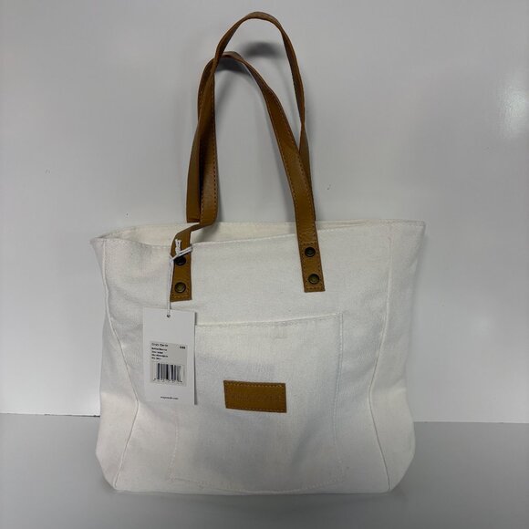 Cozy Earth Natural Canvas Tote Bag Faux Leather Handles Zipper Closure NEW - Picture 1 of 7